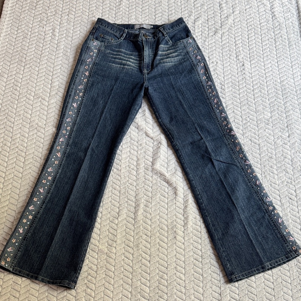 Moou Dark Blue Embroidered Women's Flare Jeans Made In Italy 100%Cotton